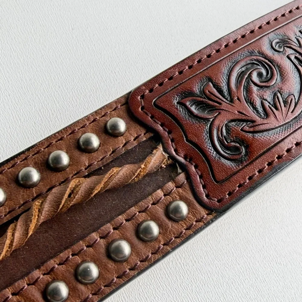 3-D Belt Co Handtooled Leather Belt Mens 42 Western Barbed Wire Braid Brown